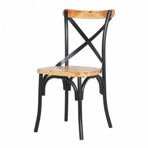 Cadeira com estrutura metálica e assento e encosto de madeira