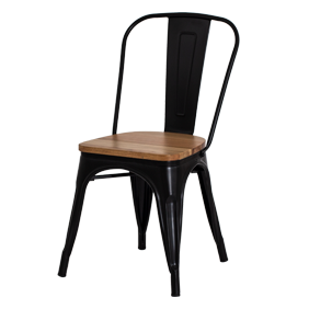 Cadeira em aço com assento em madeira e pintura epóxi preta