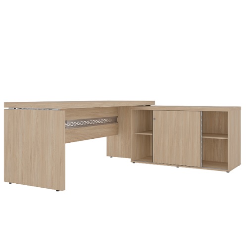 Conjunto em L com mesa reta e armário baixo com porta de correr