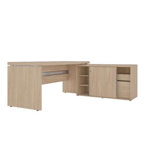 Conjunto em L com mesa reta e armário baixo com portas de correr