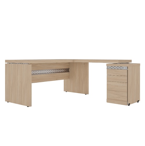 Conjunto em L com mesa reta e mesa complementar com pé gaveteiro com 4 gavetas