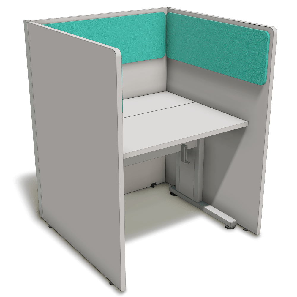 Posto de atendimento com mesa com regulagem de altura